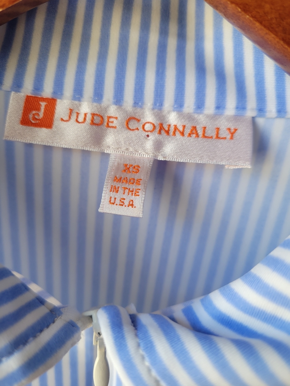 Blue White Striped Seeveless Polo Top Jude Connally XS Made in USA Zip Collard - Picture 4 of 11